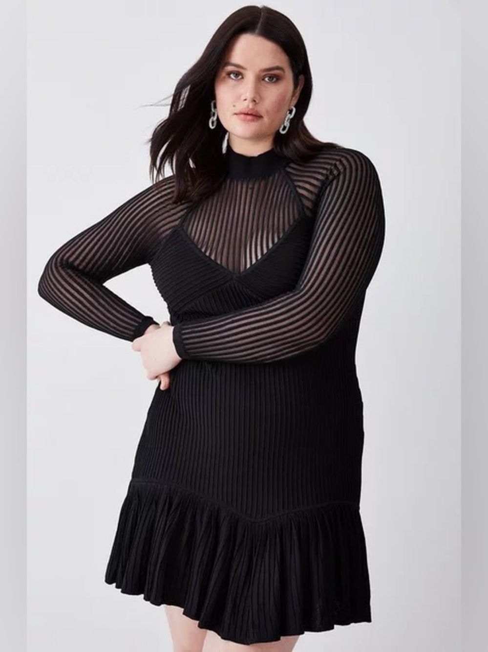 Karen Millen Black Long-Sleeve Mesh Yoke Knit Dress